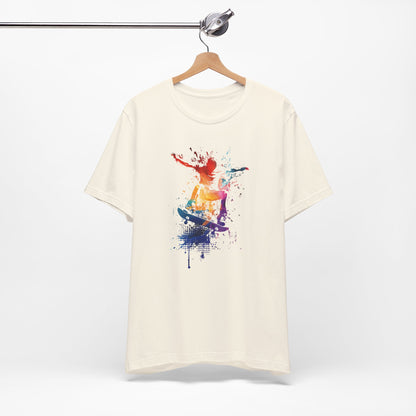 Skateboard Splash Tee — Colorful Watercolor Skateboarder Graphic T‑Shirt