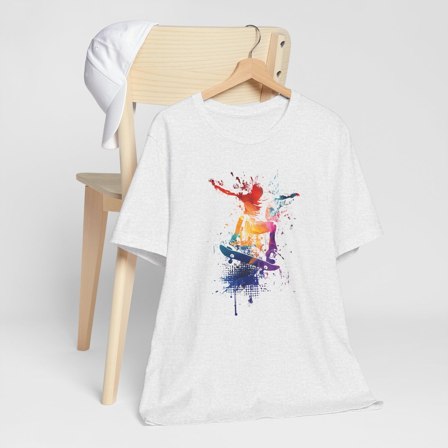 Skateboard Splash Tee — Colorful Watercolor Skateboarder Graphic T‑Shirt
