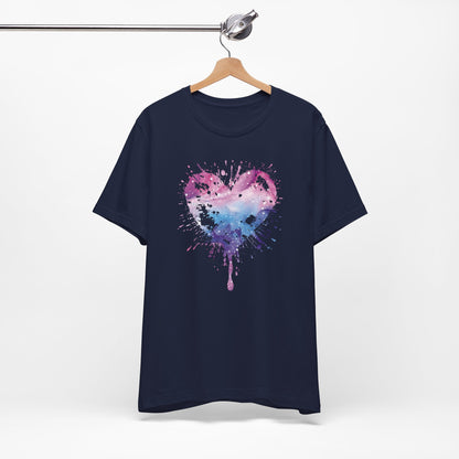 Watercolor Splatter Heart T‑Shirt — Galaxy Pink & Blue Drip Tee