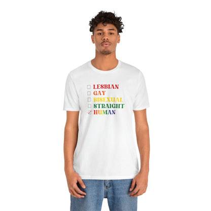 Human Checkbox Pride T-Shirt — "Human" Rainbow Equality Tee