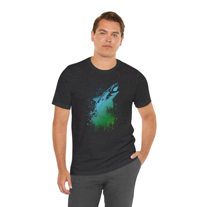 Great White Graphic Tee — Blue & Green Watercolor Shark T‑Shirt