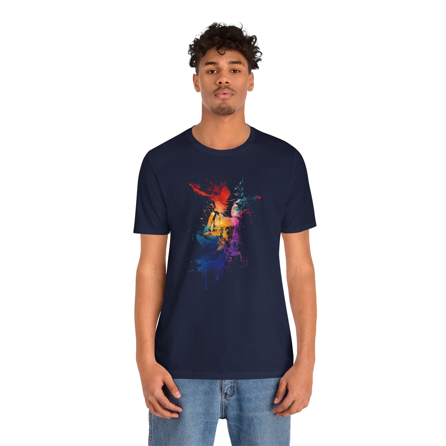 Skateboard Splash Tee — Colorful Watercolor Skateboarder Graphic T‑Shirt