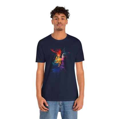 Skateboard Splash Tee — Colorful Watercolor Skateboarder Graphic T‑Shirt