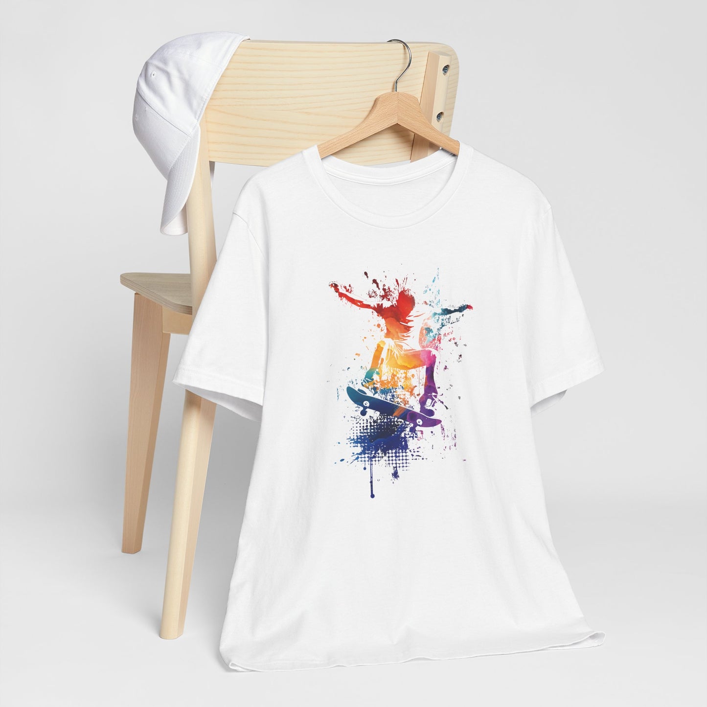 Skateboard Splash Tee — Colorful Watercolor Skateboarder Graphic T‑Shirt