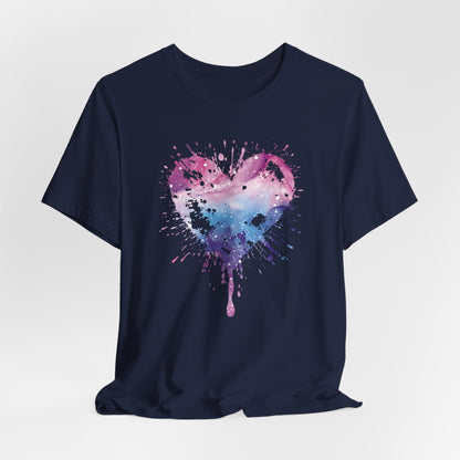 Watercolor Splatter Heart T‑Shirt — Galaxy Pink & Blue Drip Tee