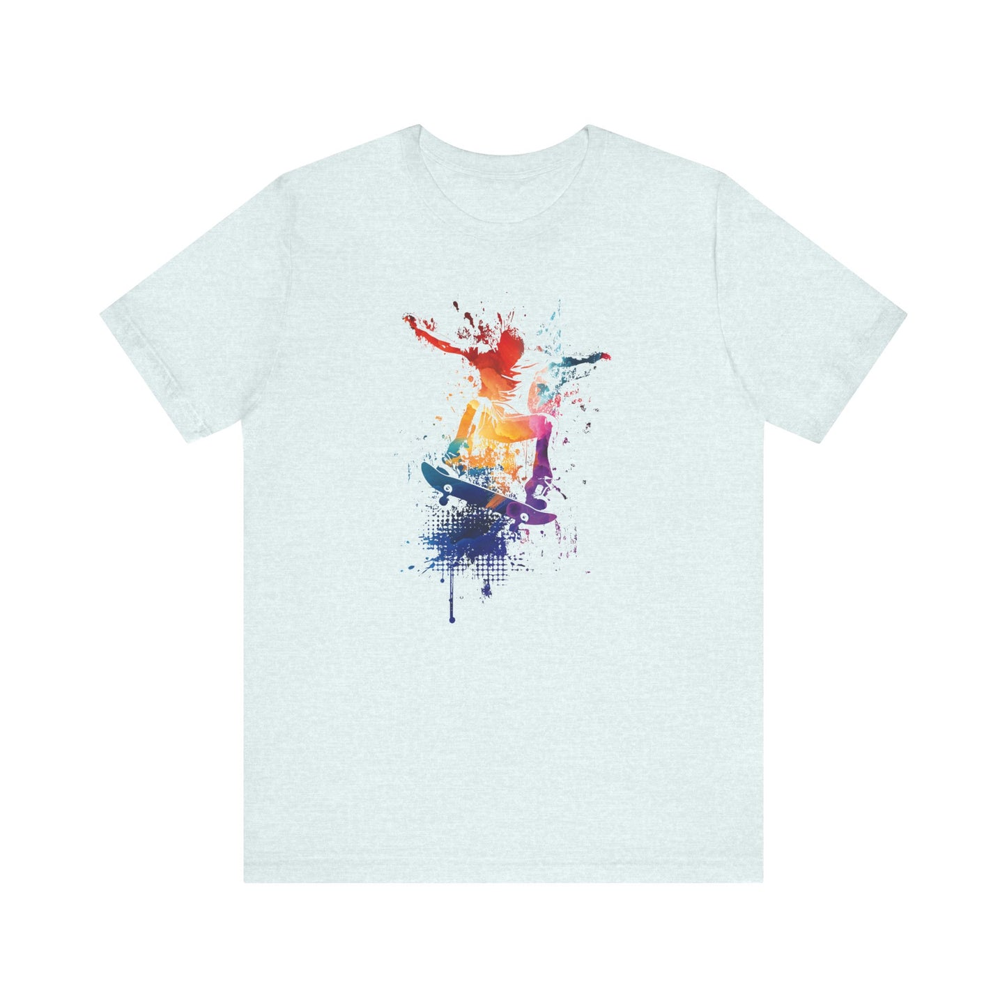Skateboard Splash Tee — Colorful Watercolor Skateboarder Graphic T‑Shirt