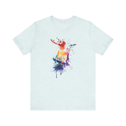 Skateboard Splash Tee — Colorful Watercolor Skateboarder Graphic T‑Shirt