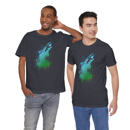 Great White Graphic Tee — Blue & Green Watercolor Shark T‑Shirt