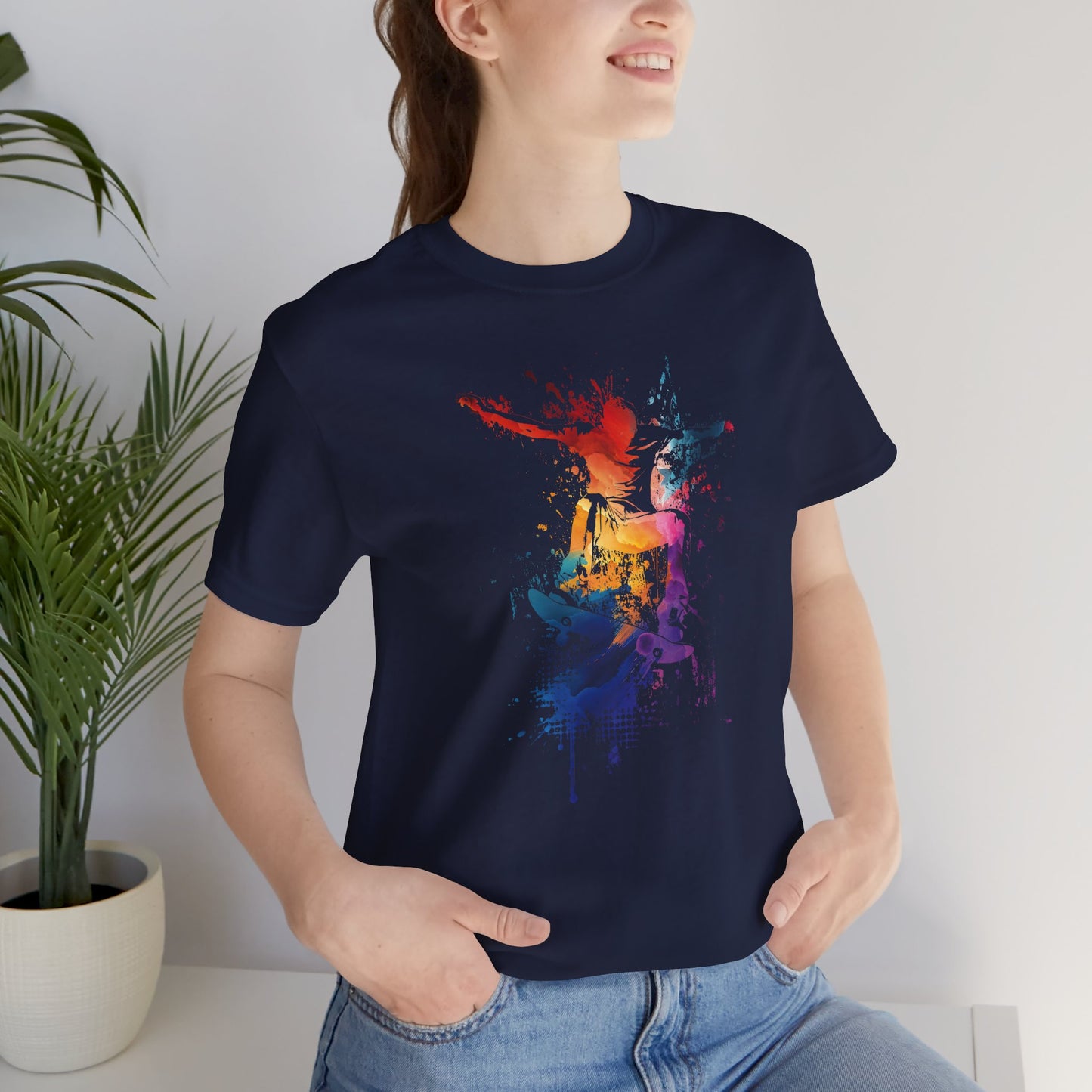 Skateboard Splash Tee — Colorful Watercolor Skateboarder Graphic T‑Shirt