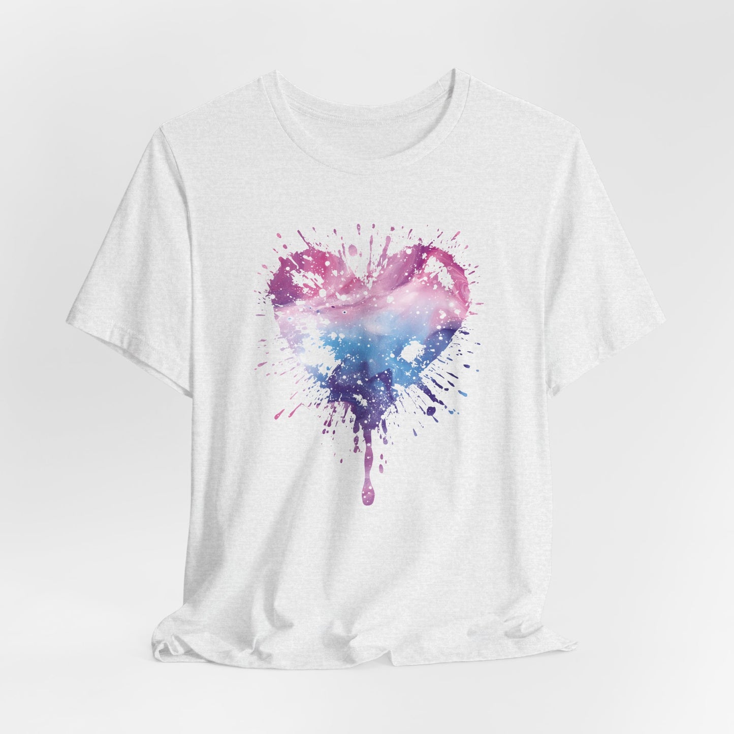 Watercolor Splatter Heart T‑Shirt — Galaxy Pink & Blue Drip Tee