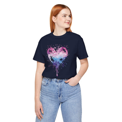 Watercolor Splatter Heart T‑Shirt — Galaxy Pink & Blue Drip Tee