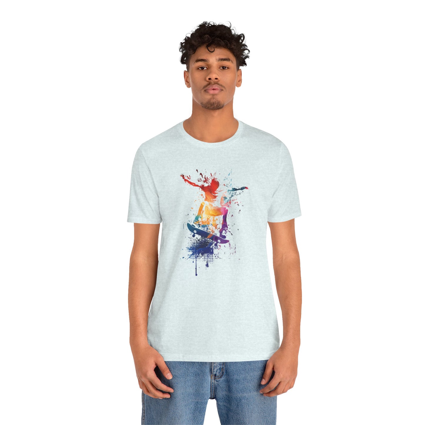 Skateboard Splash Tee — Colorful Watercolor Skateboarder Graphic T‑Shirt