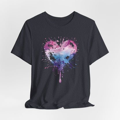 Watercolor Splatter Heart T‑Shirt — Galaxy Pink & Blue Drip Tee
