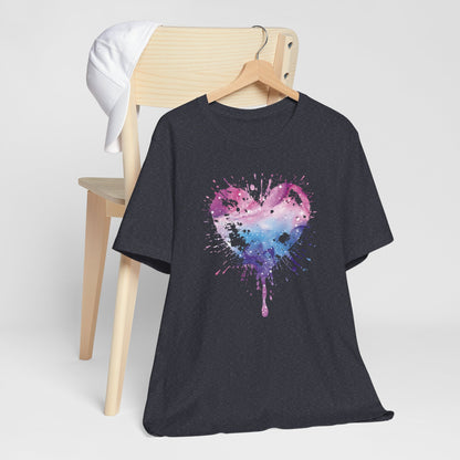 Watercolor Splatter Heart T‑Shirt — Galaxy Pink & Blue Drip Tee