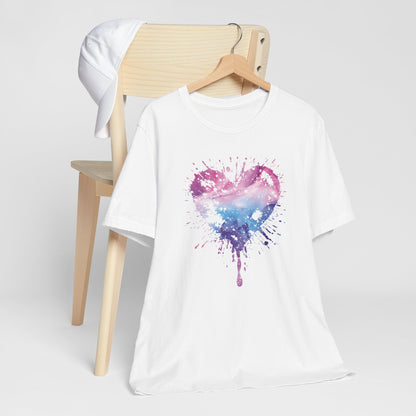 Watercolor Splatter Heart T‑Shirt — Galaxy Pink & Blue Drip Tee