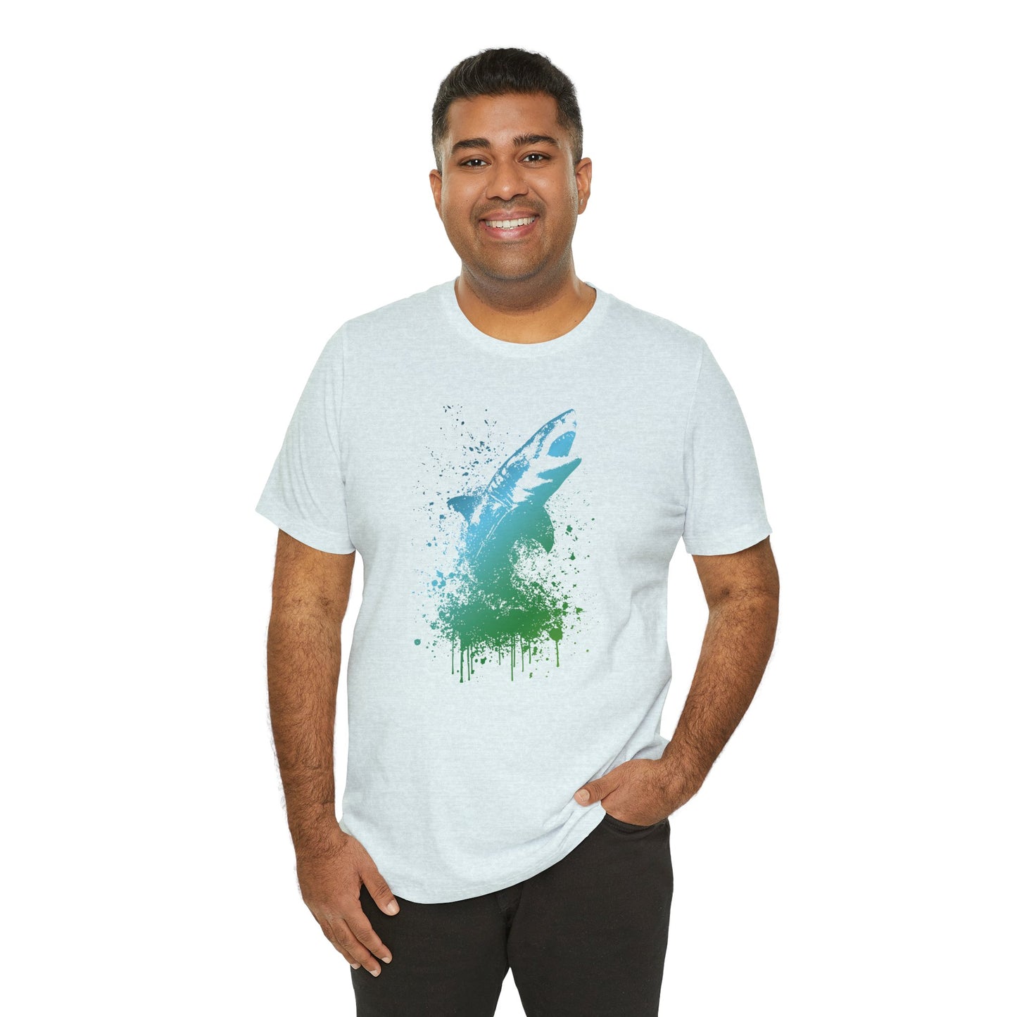 Great White Graphic Tee — Blue & Green Watercolor Shark T‑Shirt
