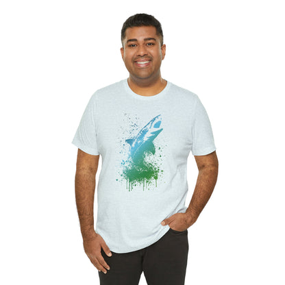 Great White Graphic Tee — Blue & Green Watercolor Shark T‑Shirt