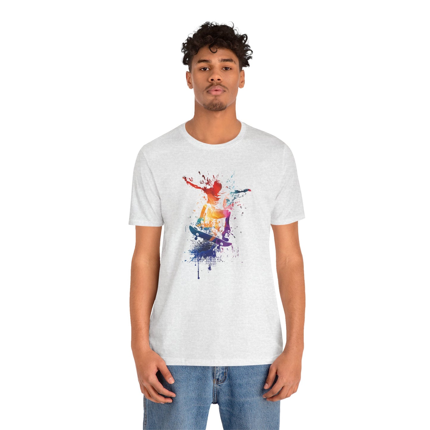 Skateboard Splash Tee — Colorful Watercolor Skateboarder Graphic T‑Shirt