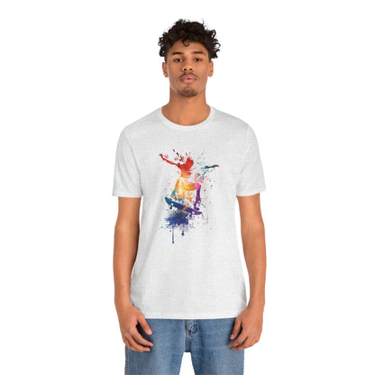 Skateboard Splash Tee — Colorful Watercolor Skateboarder Graphic T‑Shirt