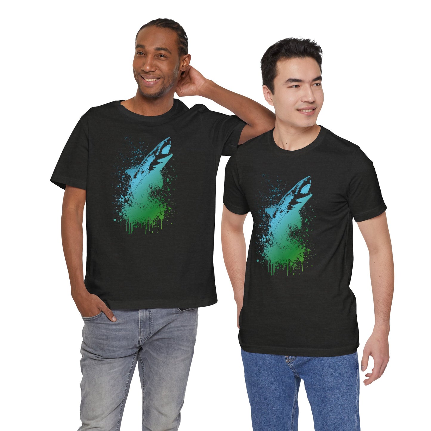 Great White Graphic Tee — Blue & Green Watercolor Shark T‑Shirt