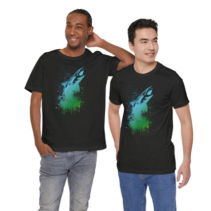 Great White Graphic Tee — Blue & Green Watercolor Shark T‑Shirt