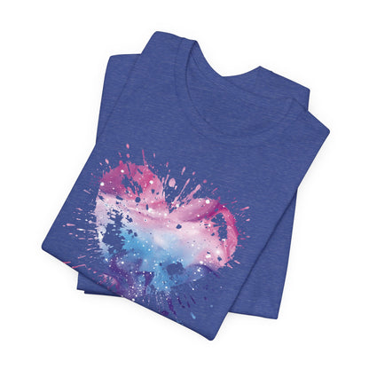 Watercolor Splatter Heart T‑Shirt — Galaxy Pink & Blue Drip Tee