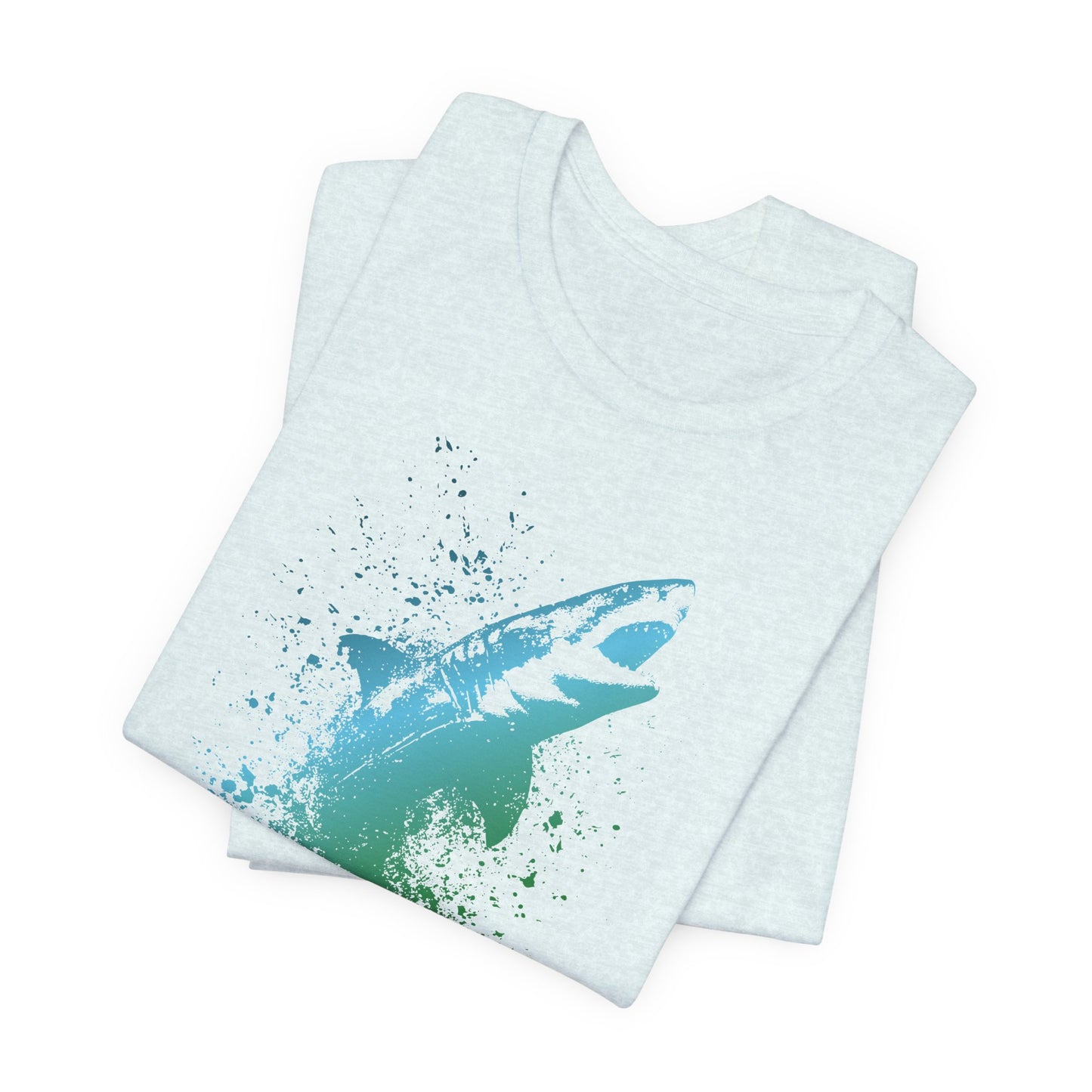 Great White Graphic Tee — Blue & Green Watercolor Shark T‑Shirt