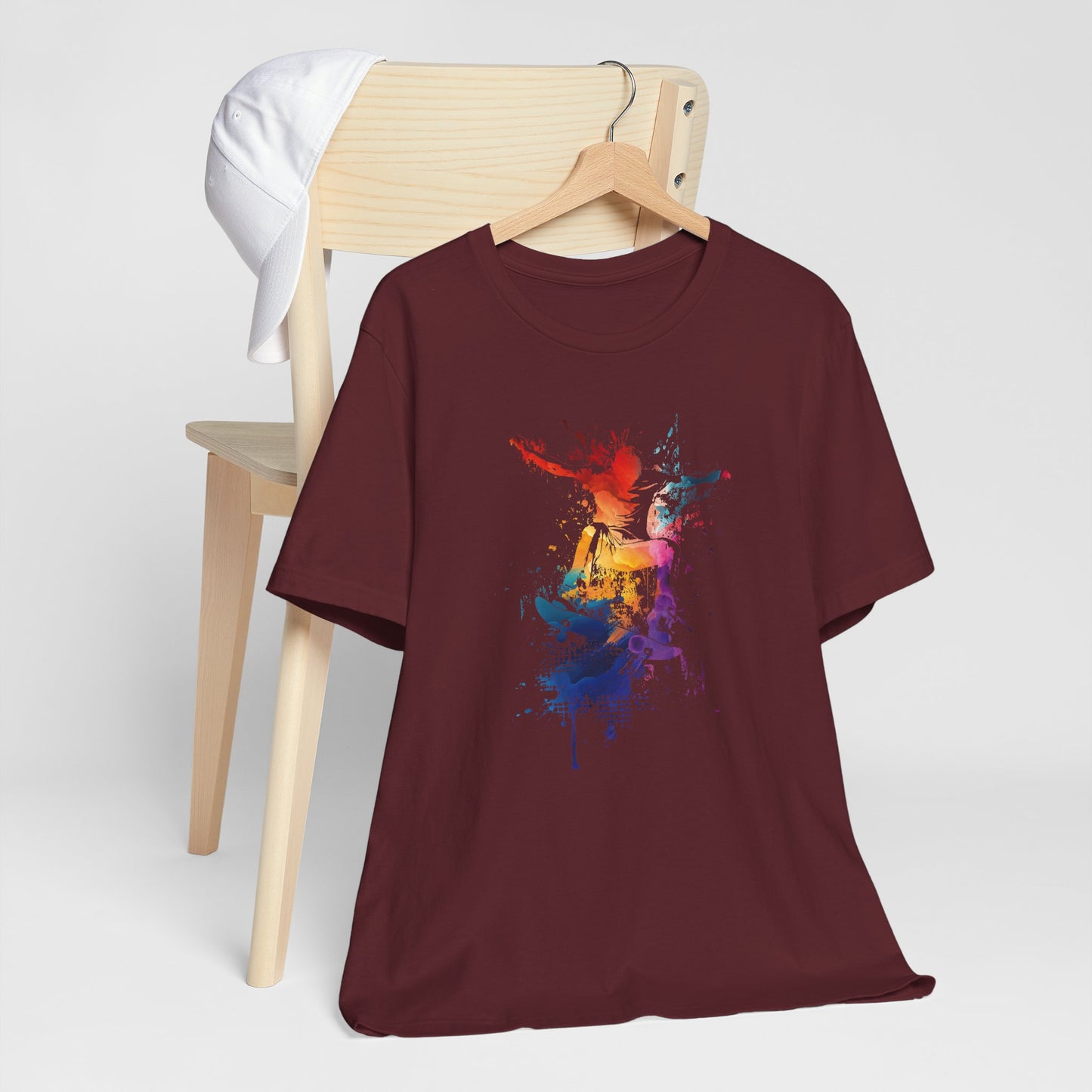 Skateboard Splash Tee — Colorful Watercolor Skateboarder Graphic T‑Shirt