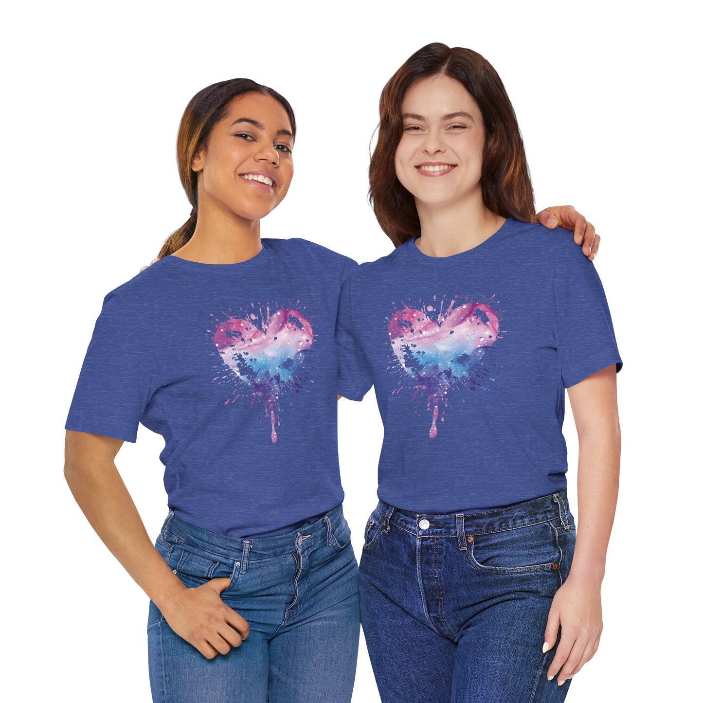 Watercolor Splatter Heart T‑Shirt — Galaxy Pink & Blue Drip Tee
