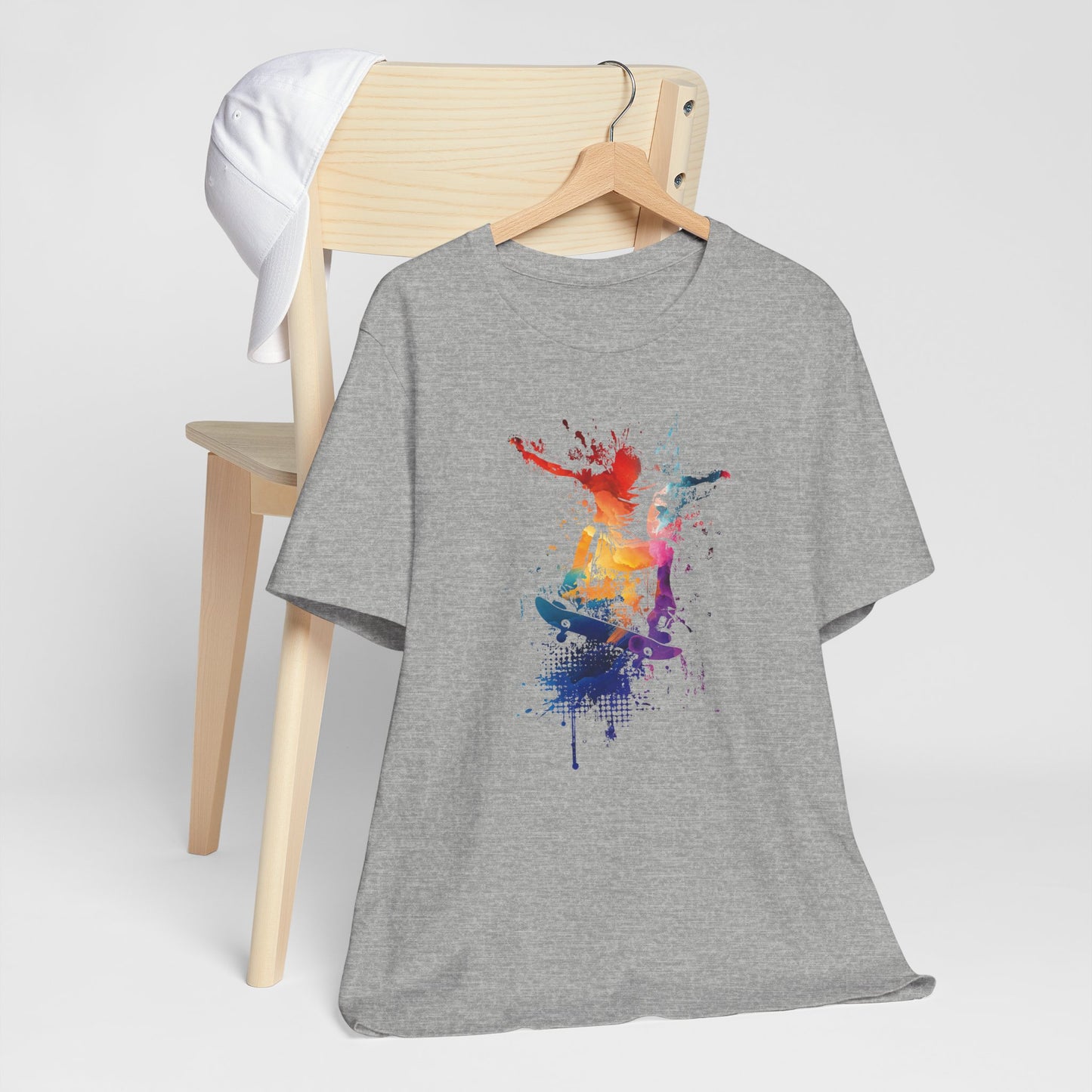 Skateboard Splash Tee — Colorful Watercolor Skateboarder Graphic T‑Shirt