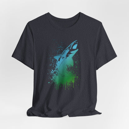 Great White Graphic Tee — Blue & Green Watercolor Shark T‑Shirt