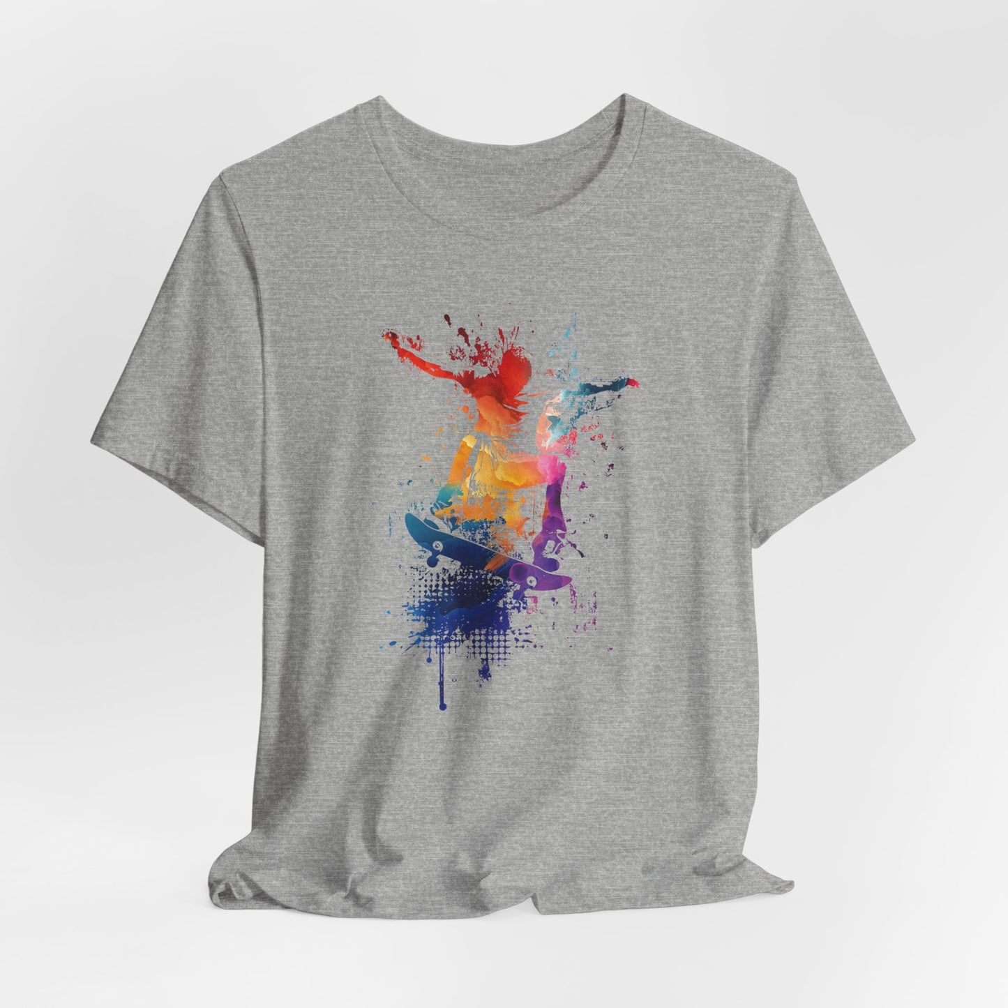 Skateboard Splash Tee — Colorful Watercolor Skateboarder Graphic T‑Shirt