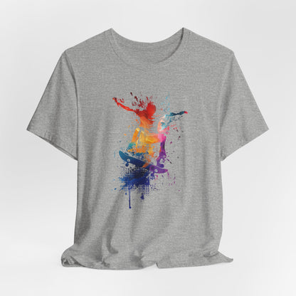 Skateboard Splash Tee — Colorful Watercolor Skateboarder Graphic T‑Shirt