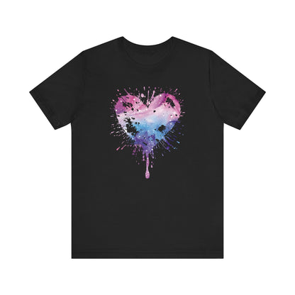 Watercolor Splatter Heart T‑Shirt — Galaxy Pink & Blue Drip Tee