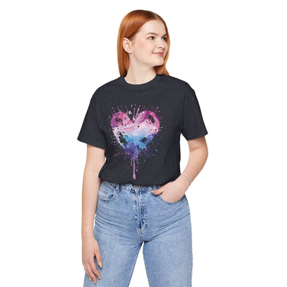 Watercolor Splatter Heart T‑Shirt — Galaxy Pink & Blue Drip Tee