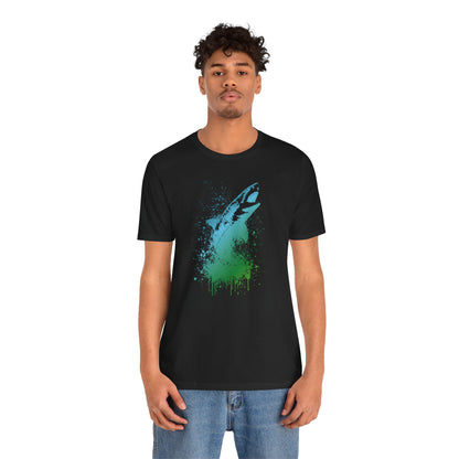 Great White Graphic Tee — Blue & Green Watercolor Shark T‑Shirt