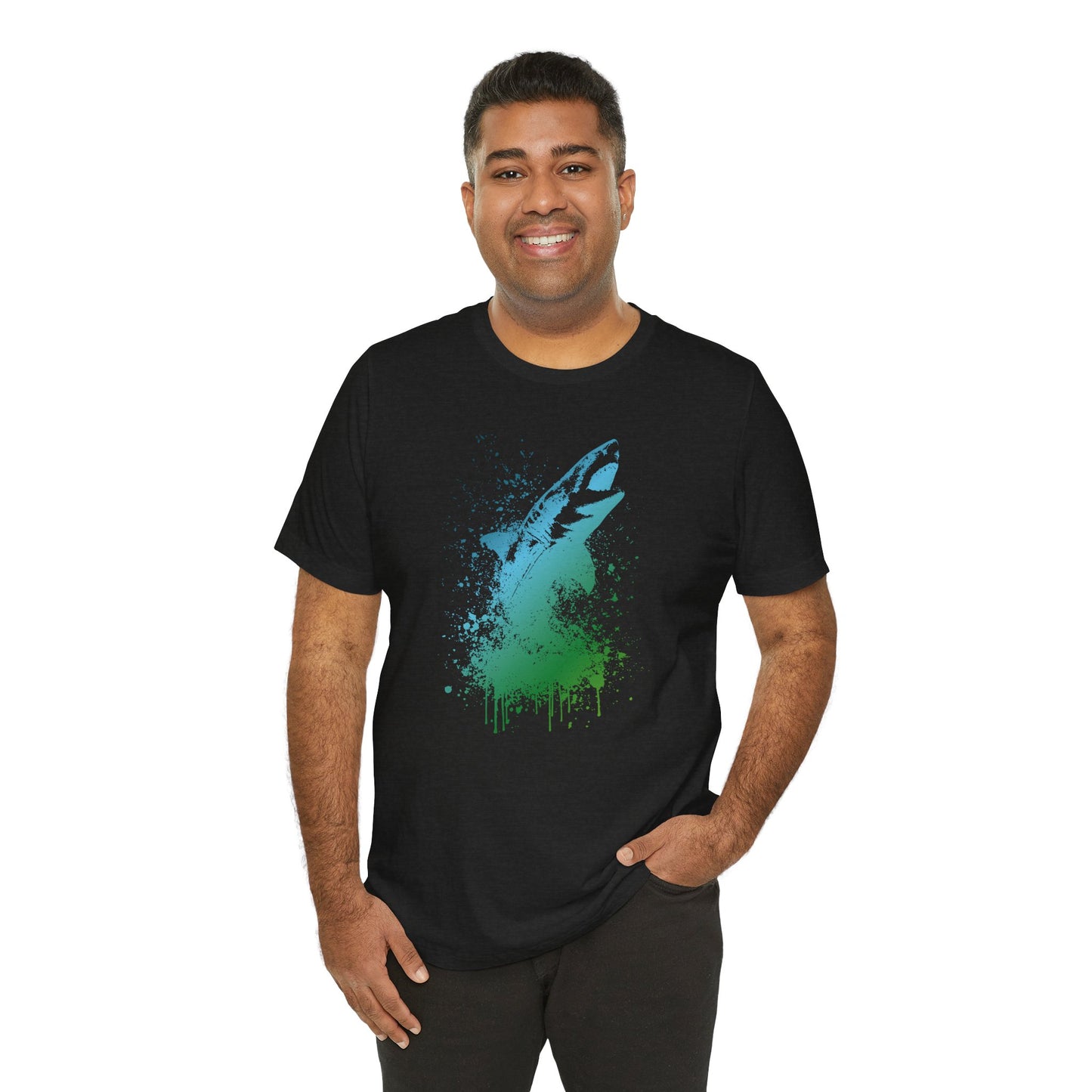 Great White Graphic Tee — Blue & Green Watercolor Shark T‑Shirt