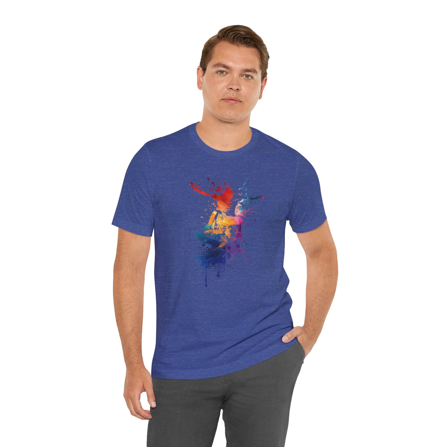 Skateboard Splash Tee — Colorful Watercolor Skateboarder Graphic T‑Shirt