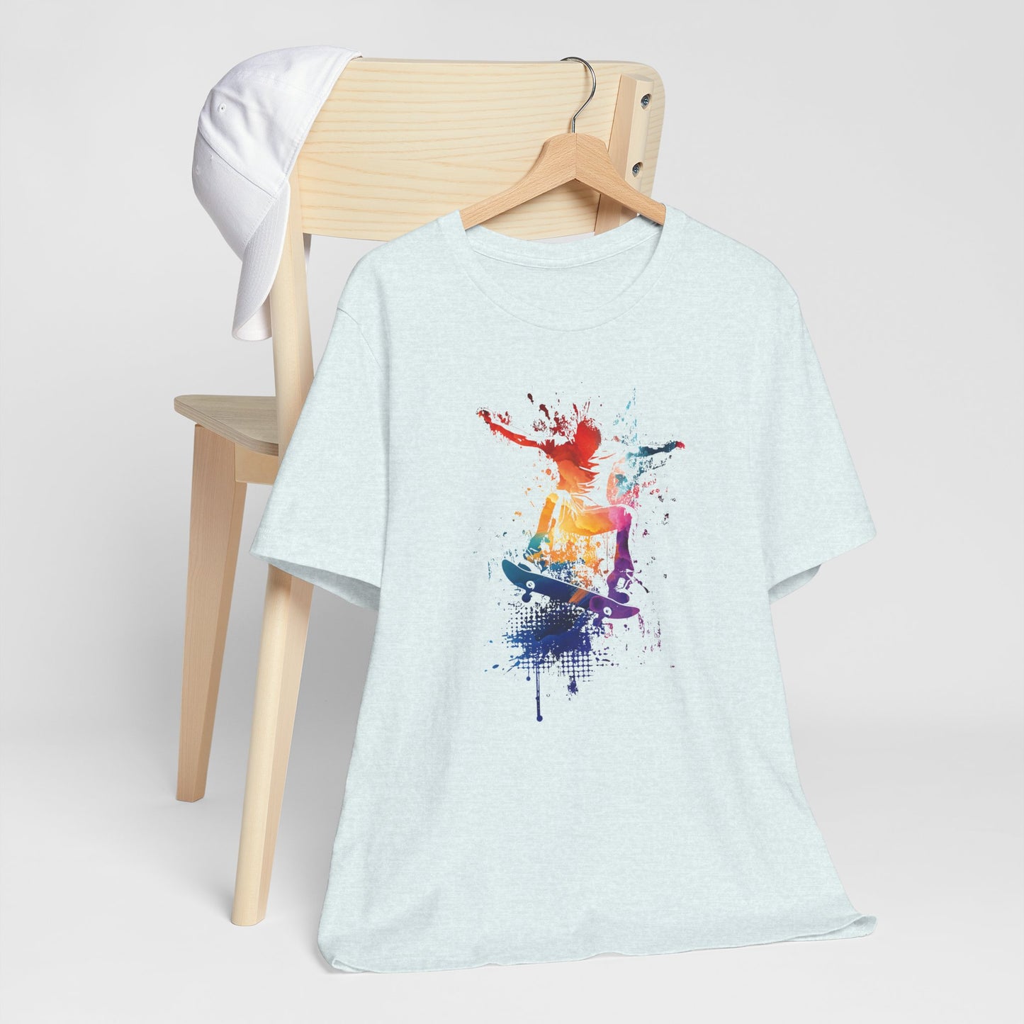 Skateboard Splash Tee — Colorful Watercolor Skateboarder Graphic T‑Shirt