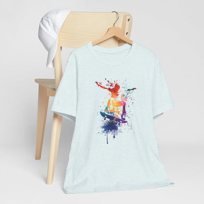 Skateboard Splash Tee — Colorful Watercolor Skateboarder Graphic T‑Shirt