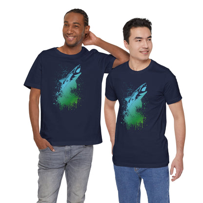 Great White Graphic Tee — Blue & Green Watercolor Shark T‑Shirt