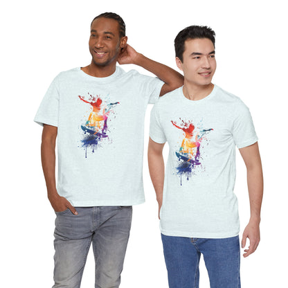 Skateboard Splash Tee — Colorful Watercolor Skateboarder Graphic T‑Shirt