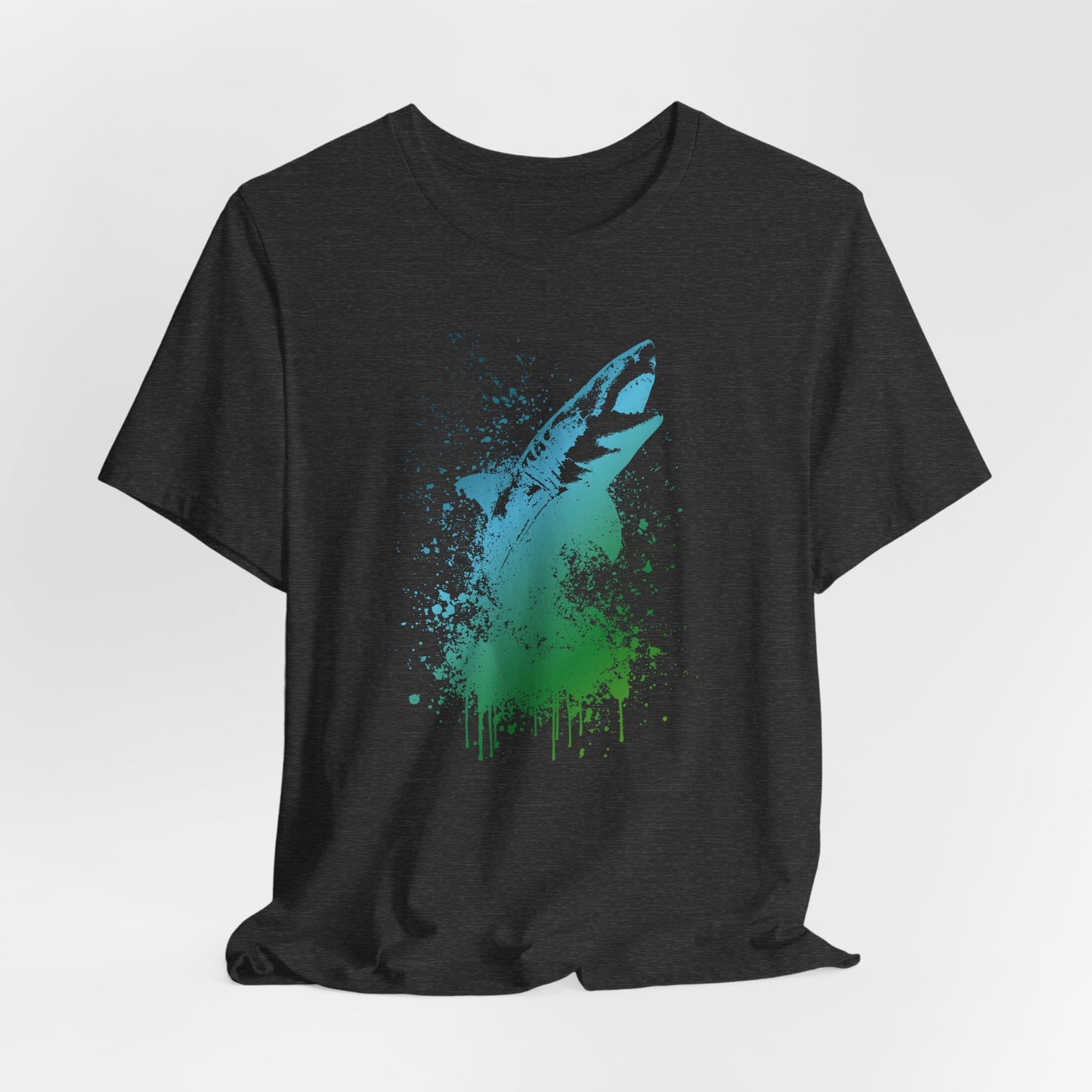 Great White Graphic Tee — Blue & Green Watercolor Shark T‑Shirt