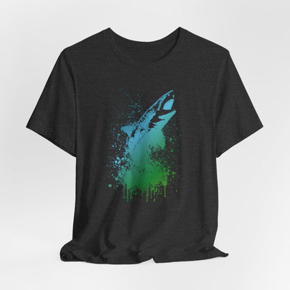 Great White Graphic Tee — Blue & Green Watercolor Shark T‑Shirt