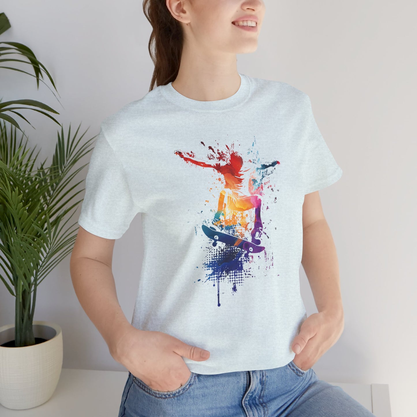 Skateboard Splash Tee — Colorful Watercolor Skateboarder Graphic T‑Shirt