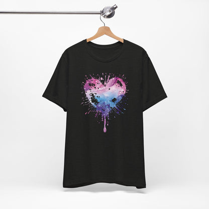 Watercolor Splatter Heart T‑Shirt — Galaxy Pink & Blue Drip Tee