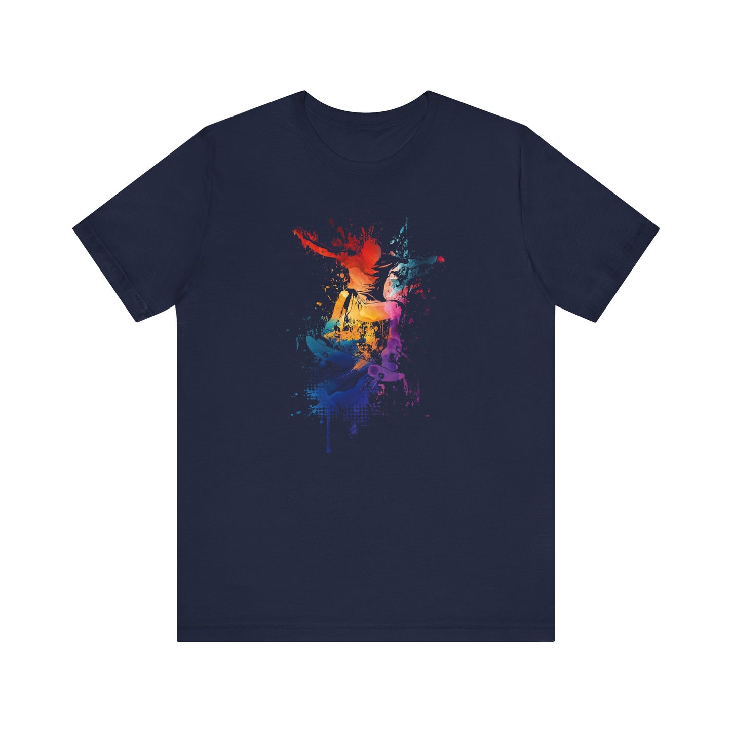 Skateboard Splash Tee — Colorful Watercolor Skateboarder Graphic T‑Shirt