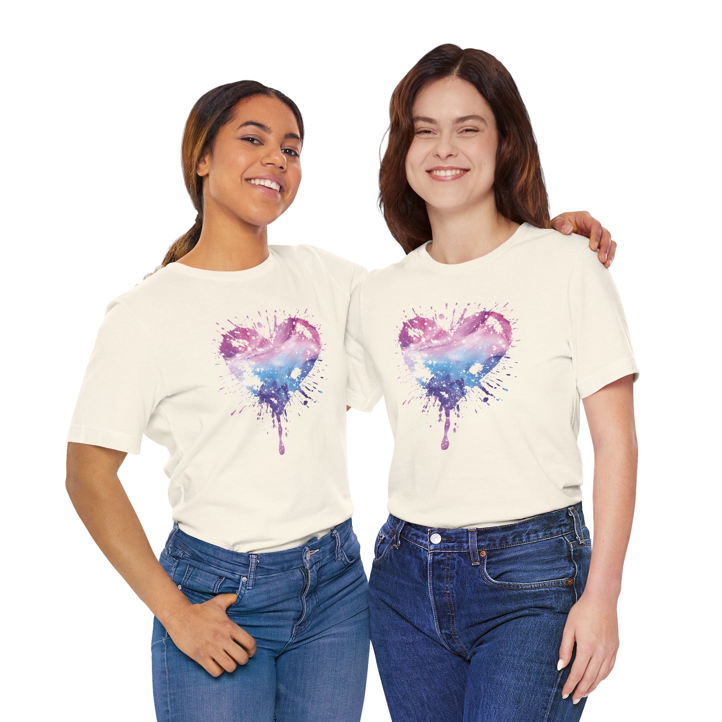 Watercolor Splatter Heart T‑Shirt — Galaxy Pink & Blue Drip Tee