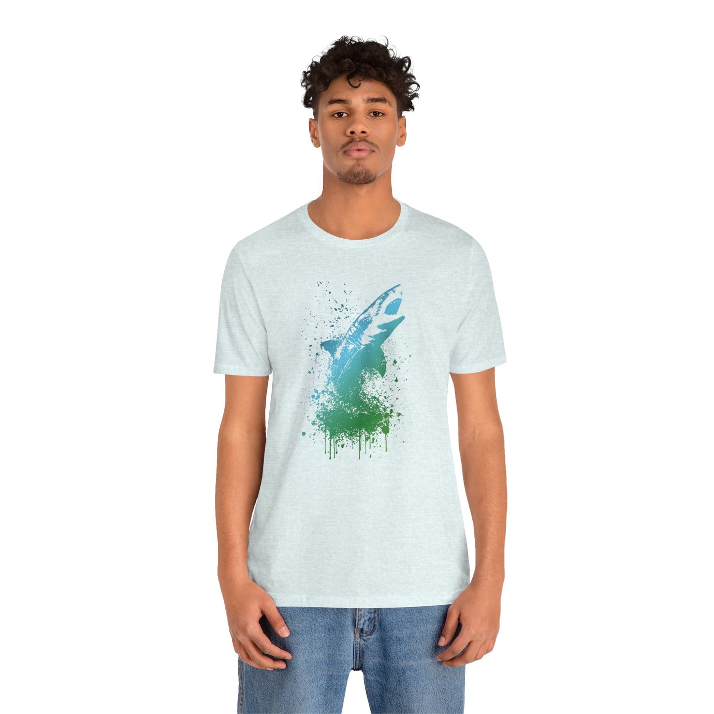 Great White Graphic Tee — Blue & Green Watercolor Shark T‑Shirt