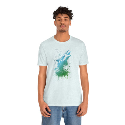 Great White Graphic Tee — Blue & Green Watercolor Shark T‑Shirt